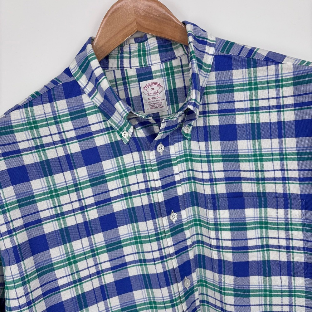 Brooks Brothers Made In USA Oxford Shirt Mens XL Blue Plaid Italian Fabric OCBD